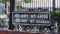 Delhi, India - OCT 2, 2020 Boards outside Niti Aayog building on Sansad Marg.