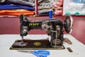 Delhi, India - old Pfaff sewing machine in a shop for turban fabric Royalty Free Stock Photo