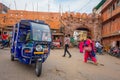 DELHI, INDIA - SEPTEMBER 19, 2017: Autorickshaw blue in the street, paharganj. there are many tourist stay in this area