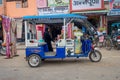 DELHI, INDIA - SEPTEMBER 19, 2017: Autorickshaw blue in the street, paharganj. there are many tourist stay in this area