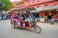 DELHI, INDIA - SEPTEMBER 19, 2017: Autorickshaw pink in the street, paharganj, there are many tourist stay in this area