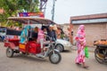 DELHI, INDIA - SEPTEMBER 19, 2017: Autorickshaw red in the street, paharganj. there are many tourist stay in this area