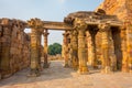 DELHI, INDIA - SEPTEMBER 25 2017: Beautiful view of stoned carved pillars near of Qutub Minar, located on south of Delhi