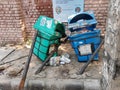 Delhi, India - 28 September 2020 - Broken and damaged trash bin made of plastic box and placed on steel pillars representing Clean