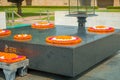 DELHI, INDIA - SEPTEMBER 25 2017: Modern grave in Rajghat, New Delhi as memorial at Mahatma Gandhis body cremation place Royalty Free Stock Photo