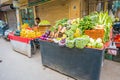 Delhi, India - September 25, 2017: Outdoor view of small retail shop with vegetables, in Paharganj Delhi with muslim