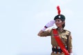 Delhi,India - 21St January 2019: Lady Army Soilder Nation Hero Saluting With Pride outdoor In Daytime, Celebrating Republic and