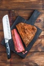 Deli Beef pastrami sliced on wooden board Royalty Free Stock Photo