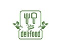 Deli food, fork and spoon, logo design. Restaurant, catering, bistro and fast food, vector design