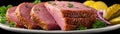 Deli meat corned beef slices and pickles served on a plate, appetizer Royalty Free Stock Photo