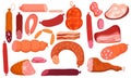 Deli meat ham and salami food icon. Isolated cartoon set barbecue steak cooking and beef vector illustration. Gastronomy