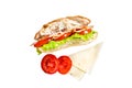 Deli meat sandwich with turkey ham, cheese, tomato and Lettuce. Isolated, white background. Royalty Free Stock Photo