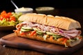 deli meat sandwich with vegetables and mayo on a crusty baguette Royalty Free Stock Photo