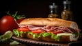 Deli sliced ham on toasted french baguette with melted provolone, iceberg lettuce, and 4 slices of roma tomatoes, Classic Italian