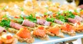 Delicacies and snacks in the buffet. Seafood. A gala reception. Banquet. Royalty Free Stock Photo