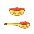 Delicacy salted red or black salmon caviar. Vector doodle illustration of sea fish caviar in a wooden spoon and plate Royalty Free Stock Photo