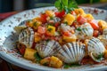 Delicacy Seafood Dish with Cooked Seashells, Bivalves or Mytilus, Tomatoes and Mangoes Salsa