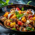 Delicacy Seafood Dish with Cooked Seashells, Bivalves or Mytilus, Tomatoes and Mangoes Salsa