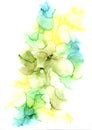 Delicate abstract hand drawn watercolor or alcohol ink background in different tones of green and yellow.