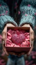 Delicate Affection Gentle Hands Embrace a Pink Box Filled with Heart-Shaped Confetti