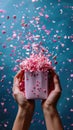 Delicate Affection Gentle Hands Embrace a Pink Box Filled with Heart-Shaped Confetti