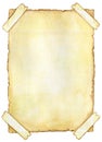 Delicate antique piece of parchment with adhesive strips, watercolor isolated on a white background