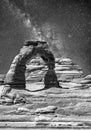 Delicate Arch as seen from lower point of view with milky way at night, Arches National Park, UT