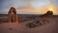 Delicate Arch sunset panorama in Arches National Park Royalty Free Stock Photo