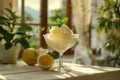 A lemon sorbet in a glass bowl. Generative AI