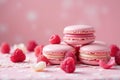 A delicate arrangement of pink macarons and raspberries on a lacy surface. Generative AI Royalty Free Stock Photo