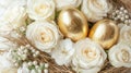 Easter Golden Eggs Nestled Among White Roses and Small Pearls Royalty Free Stock Photo