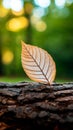 Delicate Autumn Leaf Resting on a Rustic Log in a Serene Nature Setting with Bokeh Background Royalty Free Stock Photo