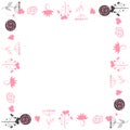Delicate background, frame, scrapbook, with pink flowers, roses, balls and hearts