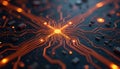 Delicate balance of concurrency control tech illustrated on circuit board. Orange light highlights abstract digital pattern, Royalty Free Stock Photo
