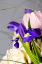 Delicate beautiful bouquet of iris, roses and other flowers in Royalty Free Stock Photo