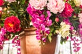 Delicate beautiful bouquet of roses, orchid and other flowers. Closeup. Royalty Free Stock Photo