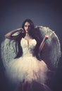 Delicate beautiful brunette woman posing with angel wings. Studio shot.