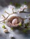 A delicate birds nest with a single white egg is surrounded by blooming white flowers and a light blue egg. Generative AI Royalty Free Stock Photo