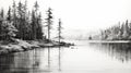 Delicate Black And White Sketch: Pine Trees Along Water Royalty Free Stock Photo
