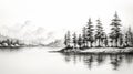 Delicate Black And White Watercolor Landscape Drawing Of Pine Trees Royalty Free Stock Photo