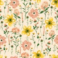 Delicate Blooming Hand drawn paint brused Wild flower ,Meadow floral Seamless pattern Vector illustration artistic style ,Design Royalty Free Stock Photo