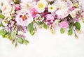 Delicate blossoming roses and blooming flowers festive background, pastel and soft bouquet floral card Royalty Free Stock Photo