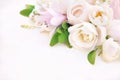 Delicate blossoming roses and blooming flowers festive background, pastel and soft bouquet floral card Royalty Free Stock Photo