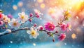 Delicate blossoms persevere through a winter snowfall, bathed in the soft glow of the setting sun. Generative AI Royalty Free Stock Photo