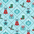 Delicate blue christmas decoration seamless pattern on checked background Royalty Free Stock Photo