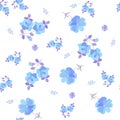 Delicate blue flowers with purple leaves on a white background. Seamless romantic ornament, pattern for fabric Royalty Free Stock Photo