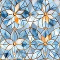 Delicate blue and gold stained glass pattern on a blue background (tiled)