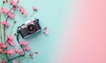 Delicate blue and pink background with blossom branch and vintage camera Royalty Free Stock Photo