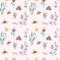 Delicate botanical watercolor pattern with butterflies.