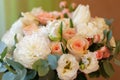 Delicate bouquet of flowers, roses, freesia, eucalyptus, dahlias, tulips. Floral background, soft selective focus. Concept March 8